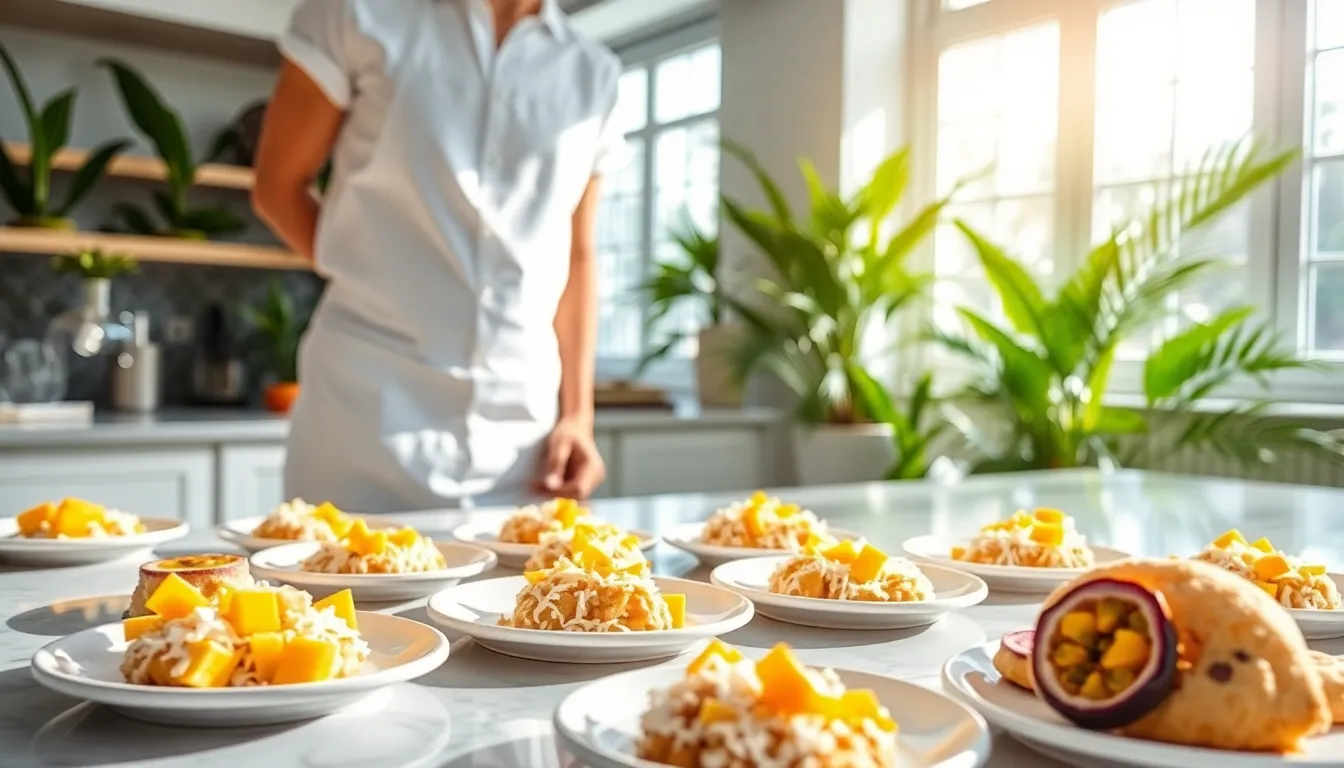 baker preparing tropical cookies in a bright kitchen.