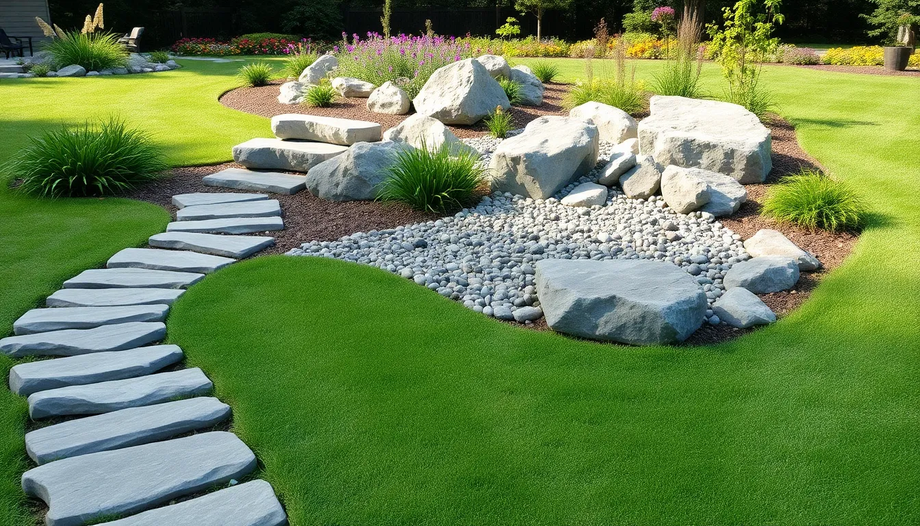 modern landscaped garden featuring diverse stones and vibrant plants.