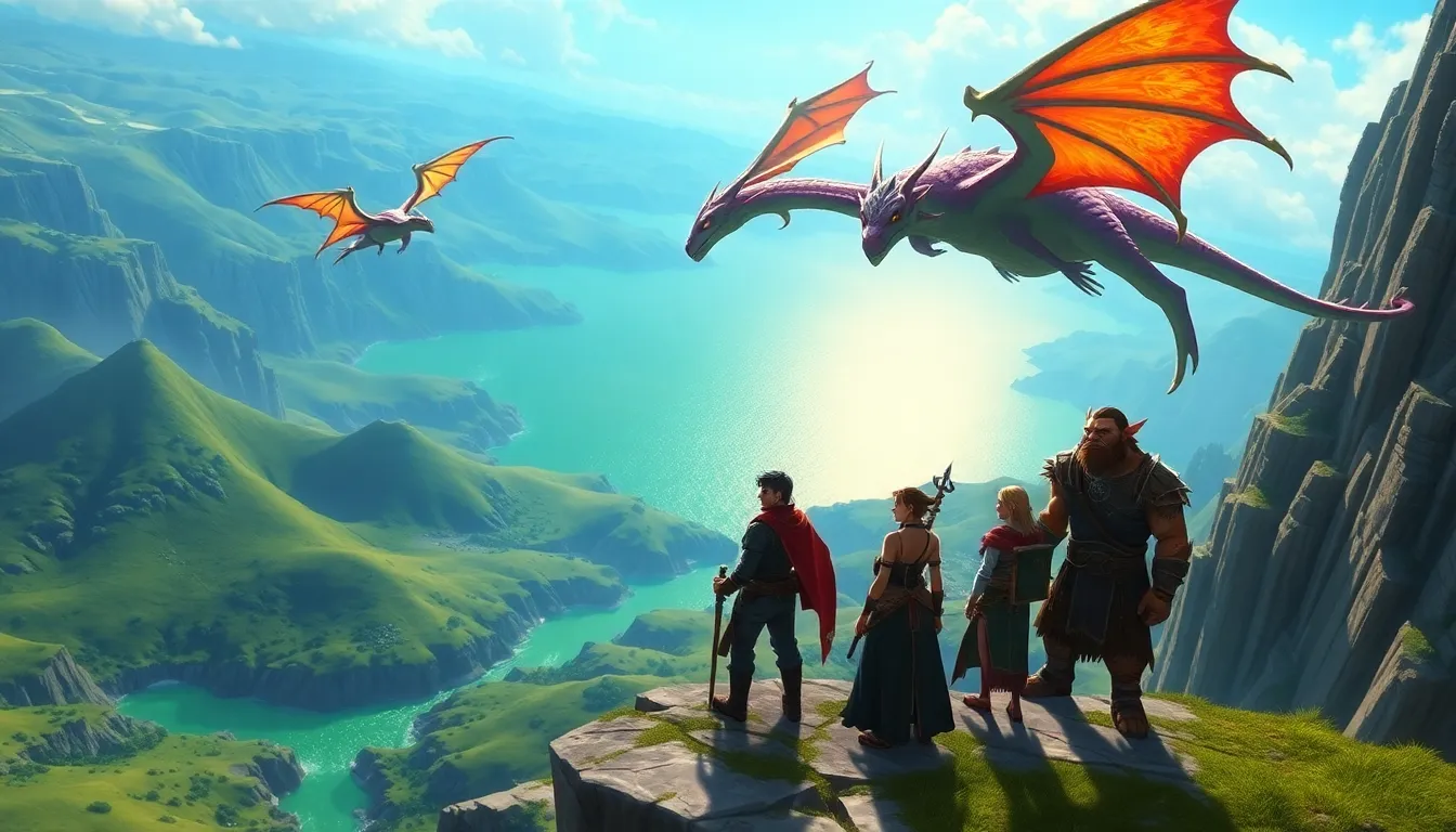 adventurers overlooking the vibrant Dragon Isles in World of Warcraft.
