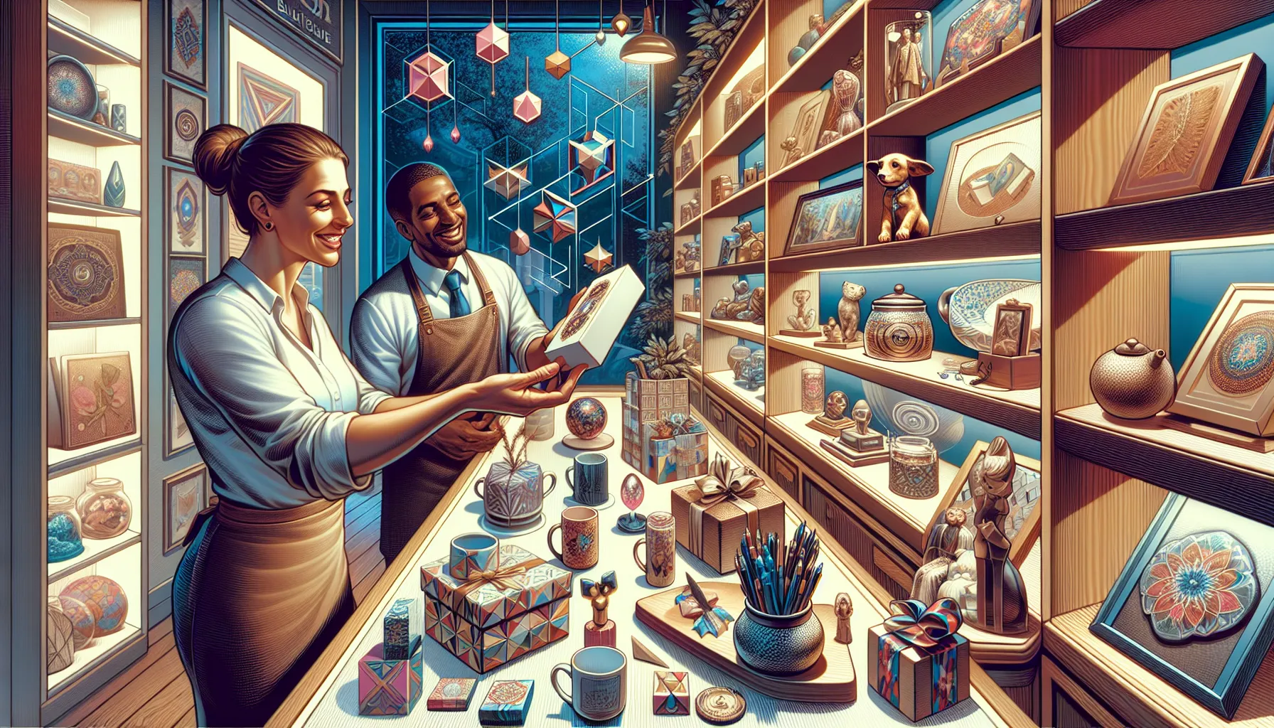 two professionals discussing quirky gifts in a modern shop.