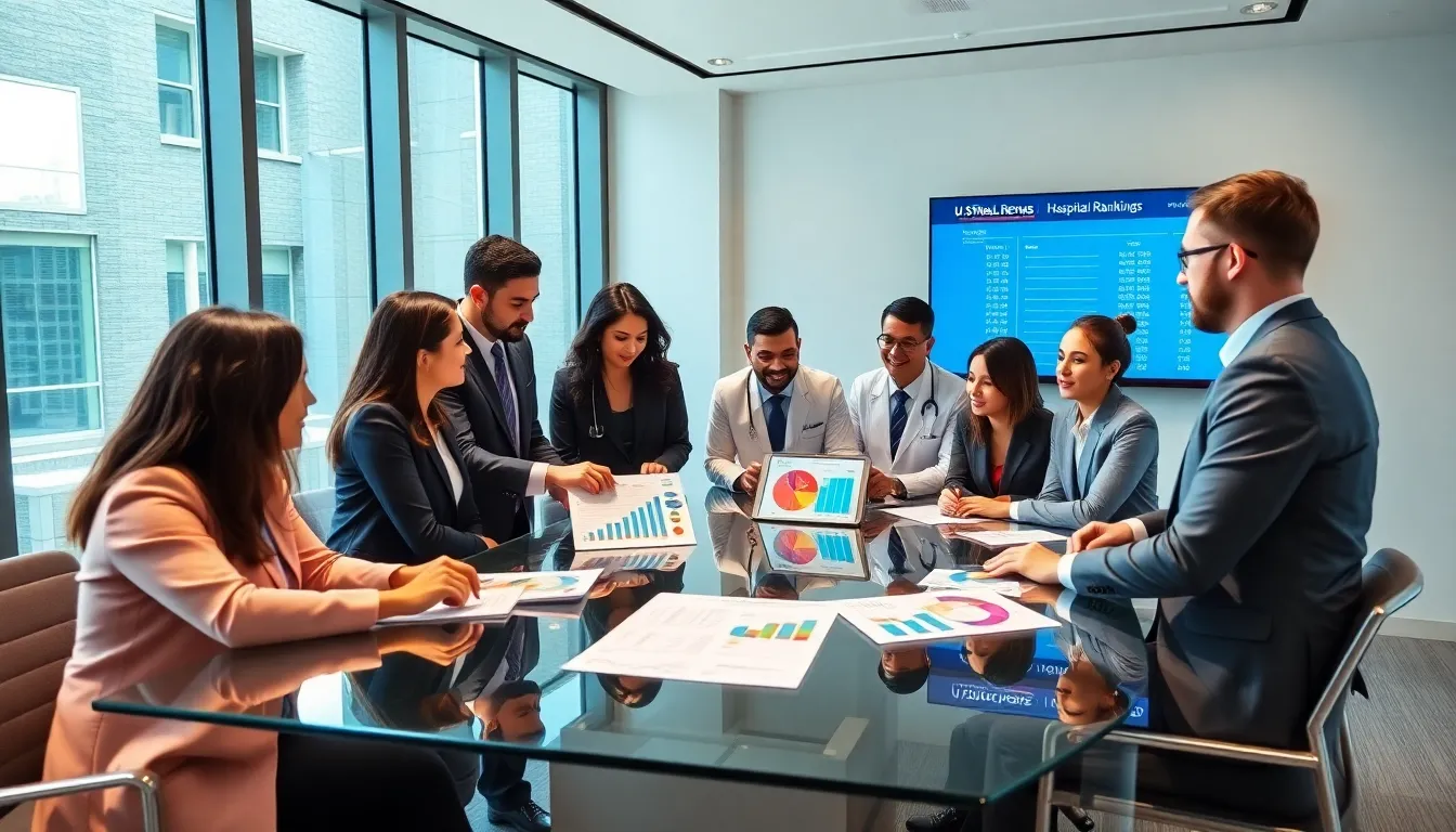 healthcare professionals discussing hospital rankings in a modern office.