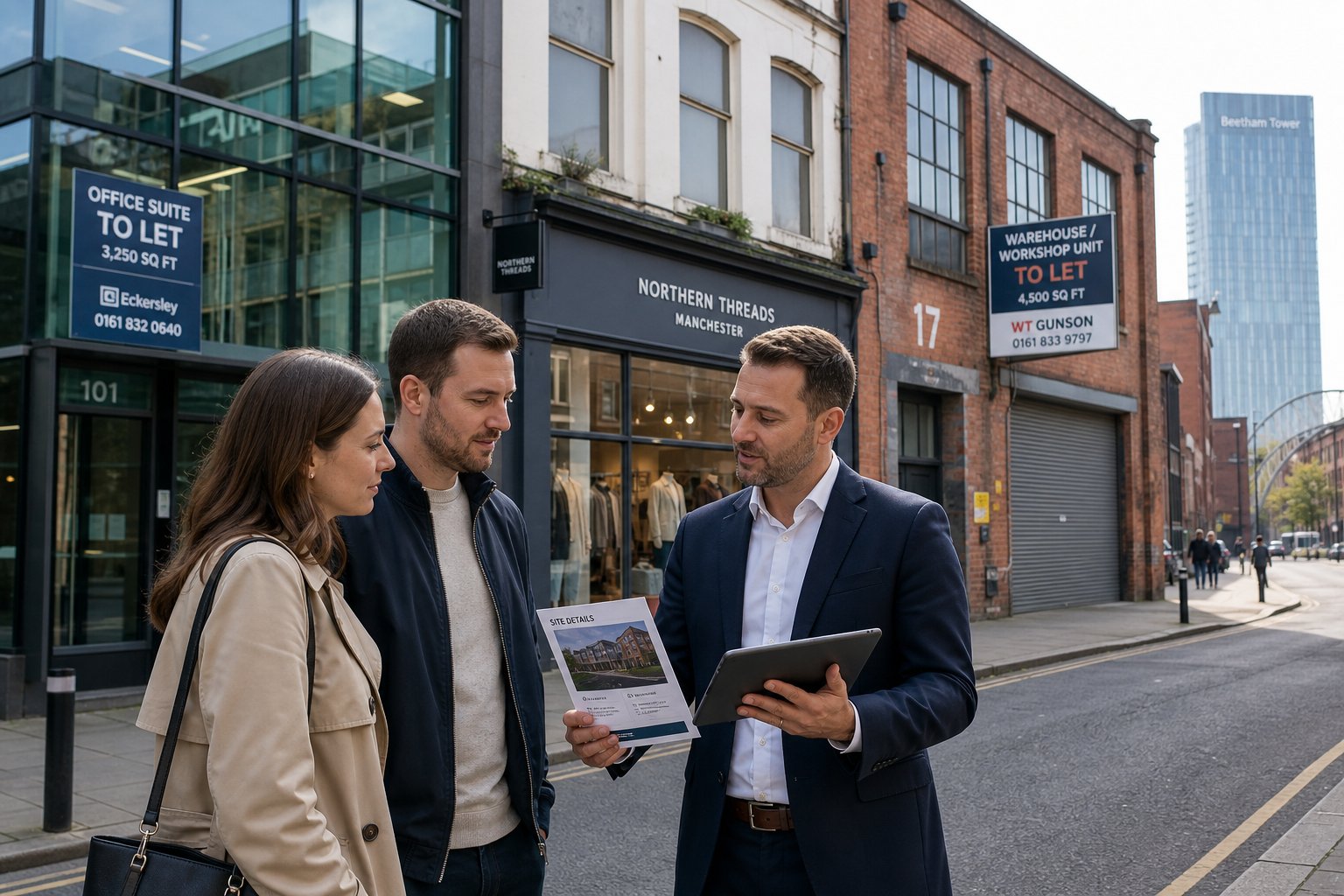 Clients and property adviser viewing office, retail, and industrial buildings on a Manchester commercial street.
