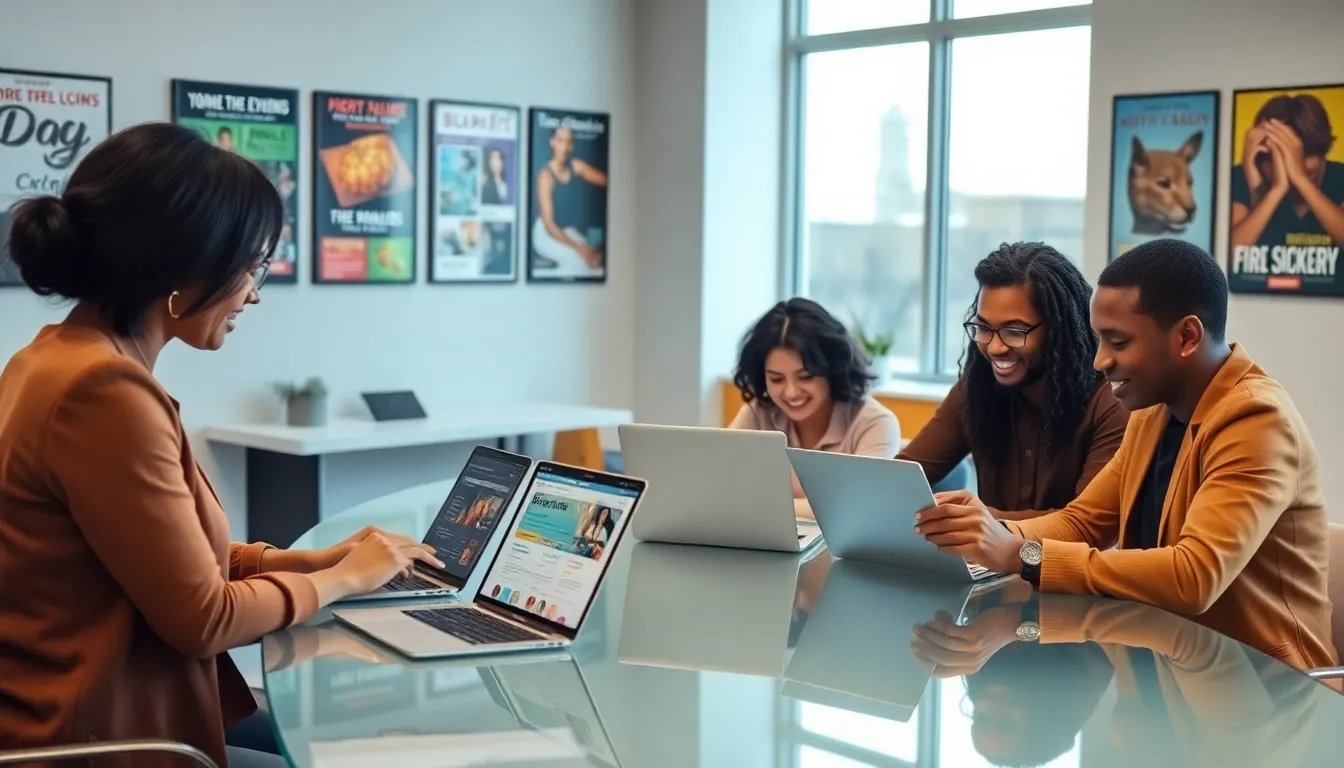 diverse team exploring affordable local events on laptops.