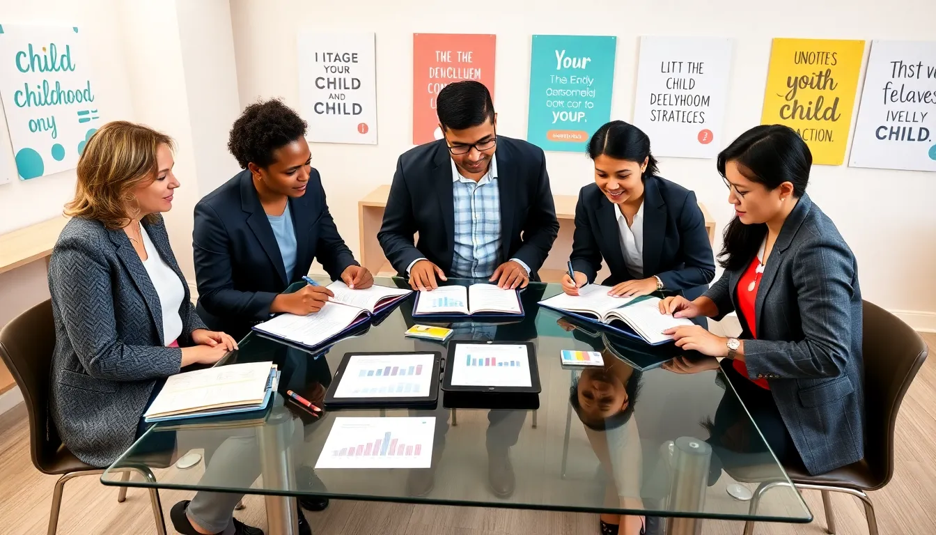 diverse professionals discussing child development in a modern classroom.