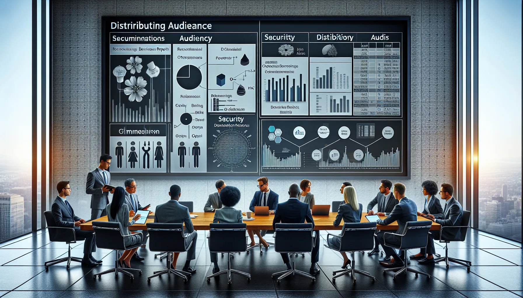 Team mapping Power BI report sharing audiences, security needs, and delivery channels in office.
