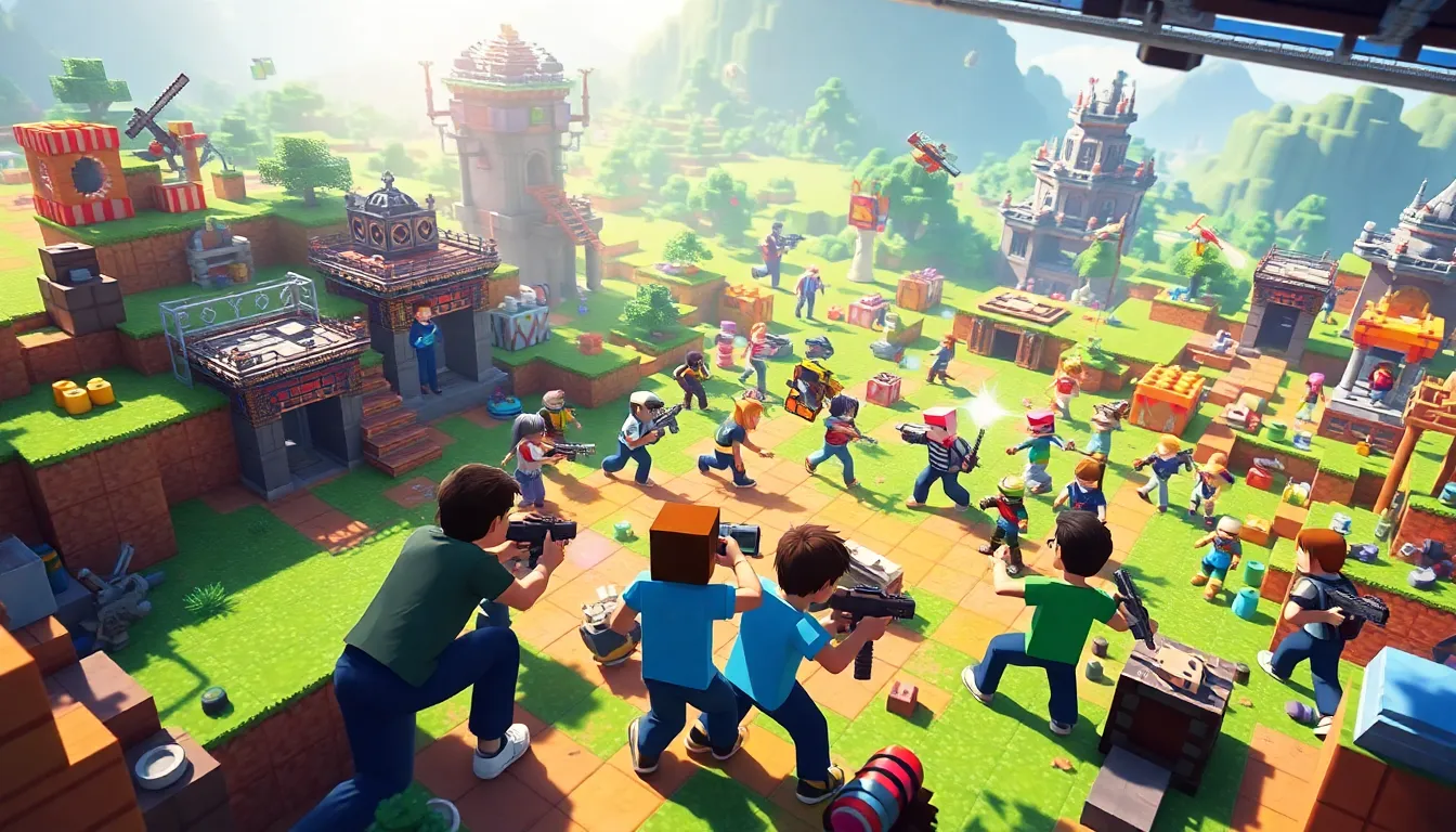 diverse gamers competing in a colorful Minecraft PlayBattleSquare arena.