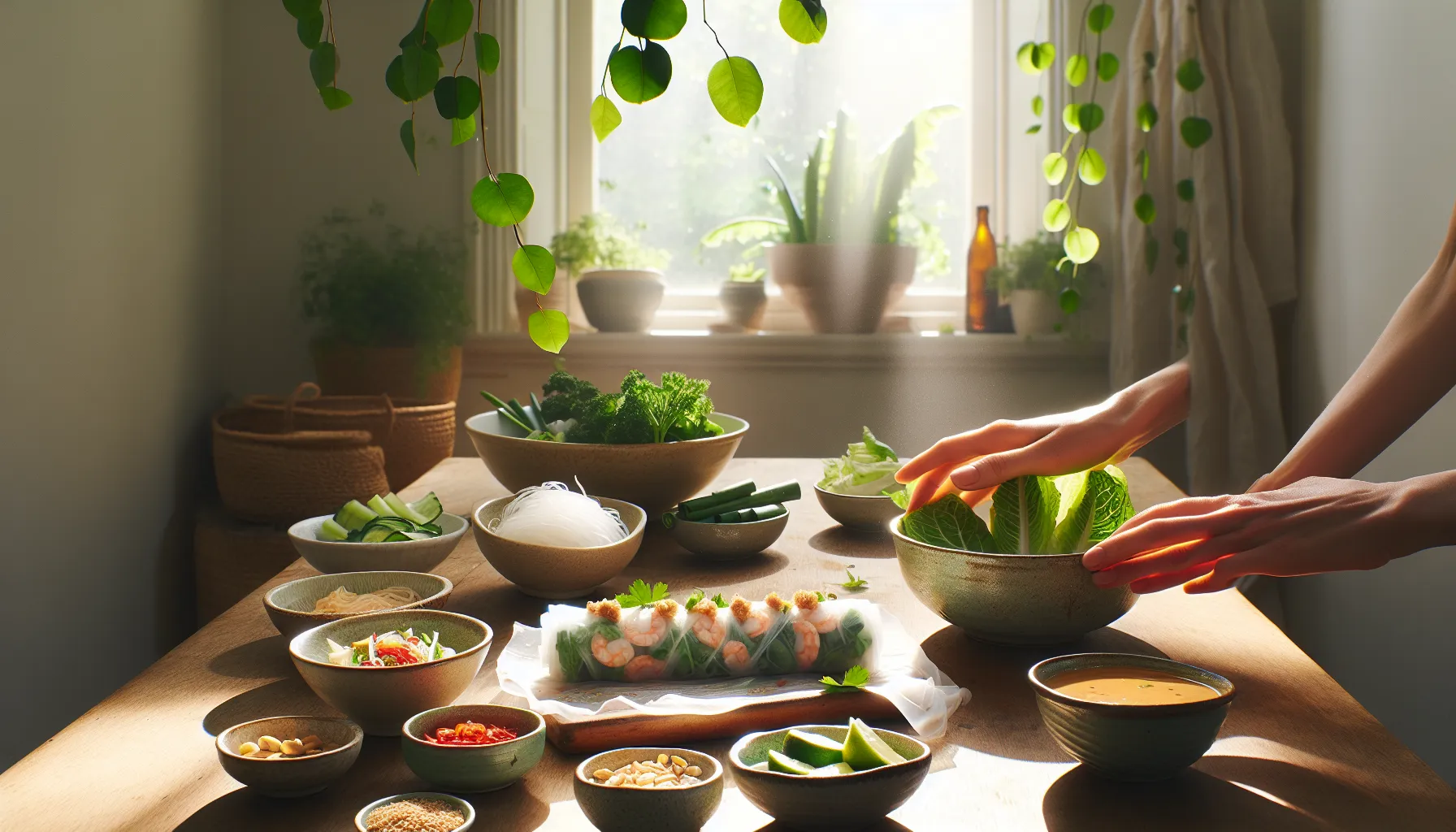 De beste oppskriftene på ferske sommerrolls med dipsaus 2 Hands rolling a fresh summer roll with herbs and dips in sunlight.
