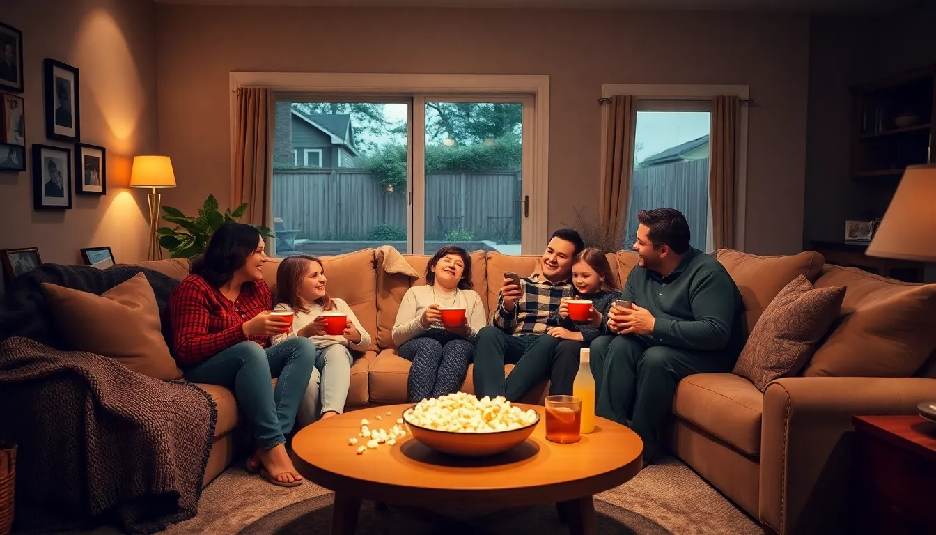Family enjoying a cozy movie night in a warm living room.