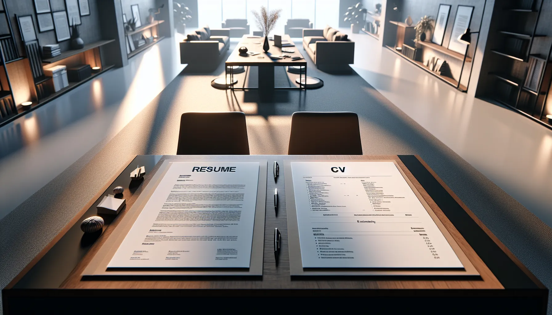 A modern office desk with a resume and CV displayed side by side.