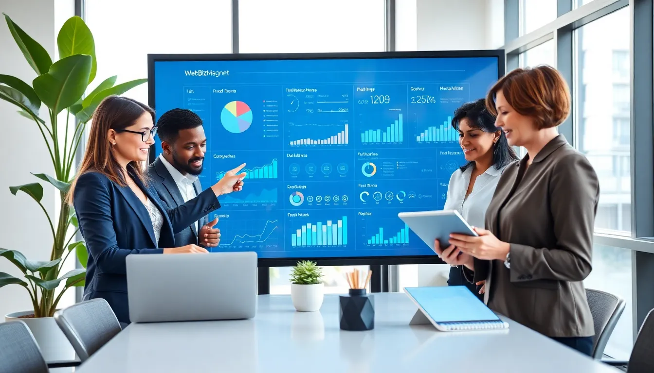 A diverse group of professionals collaborating with the Hardware WebBizMagnet interface in a modern office.