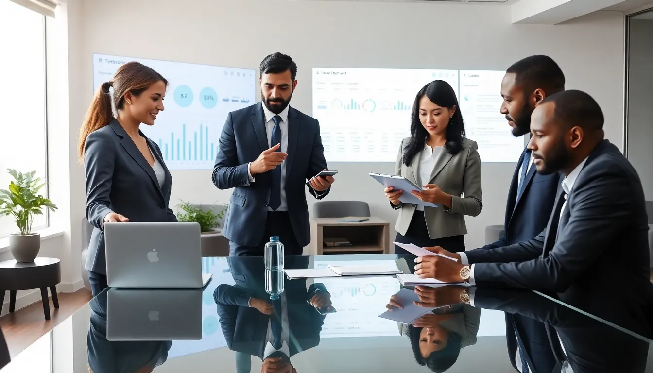 diverse legal professionals using matter management software in a modern office.