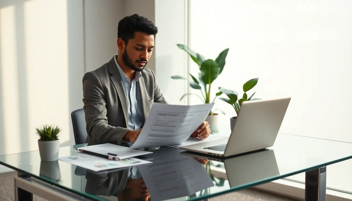 individual reviewing rental requirements in a modern office.