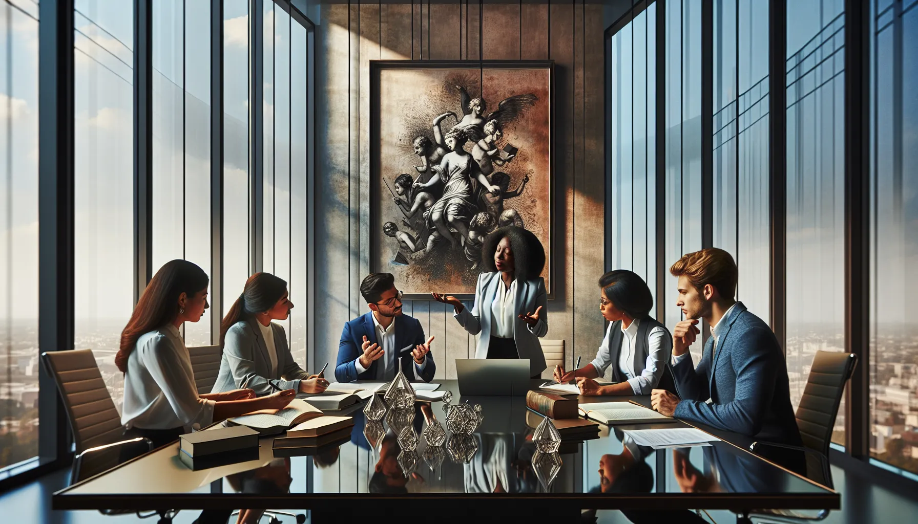 diverse professionals discussing the concept of еукфищч in a modern office.