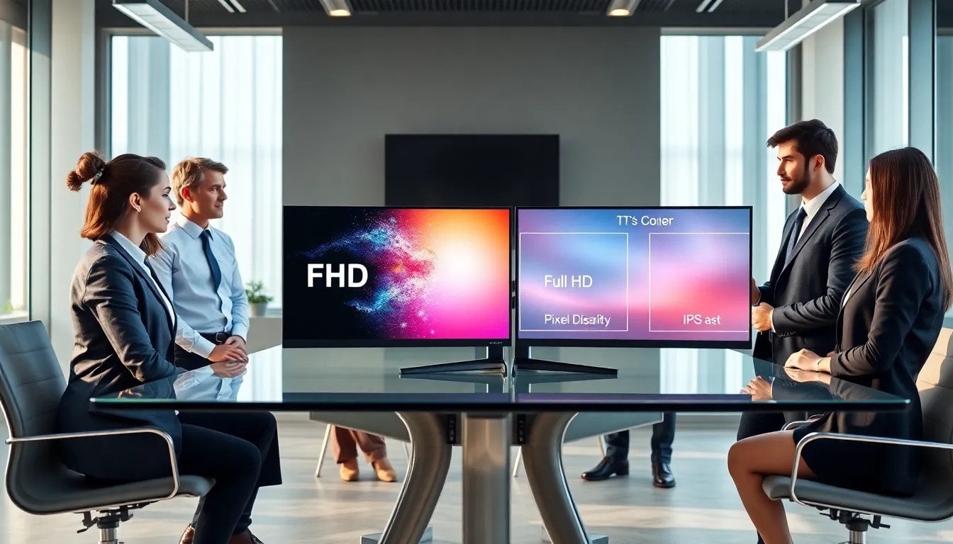professionals discussing FHD and IPS displays in a modern office.