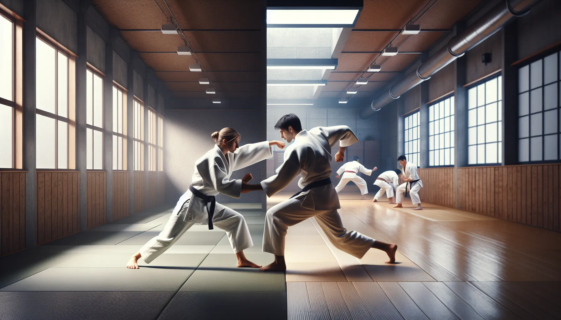 Two martial artists in a dojo practicing Judo and Karate techniques.