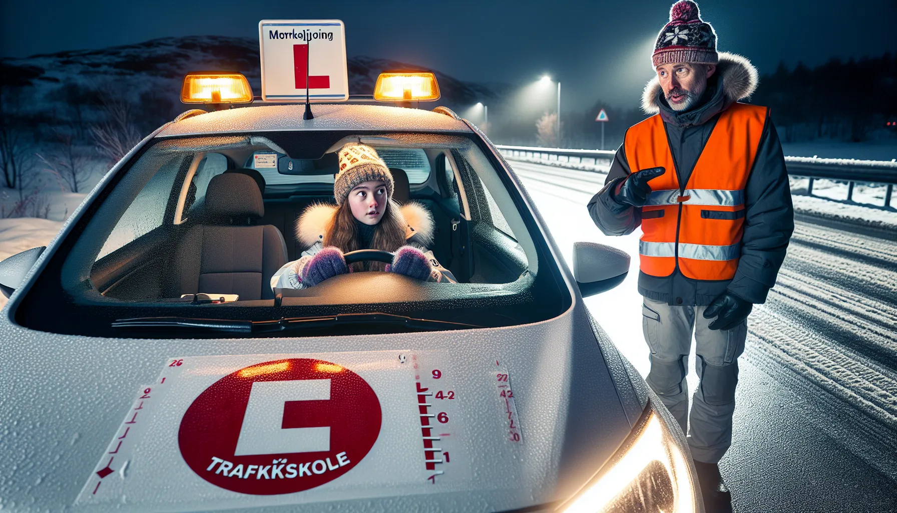 Instructor guides teen in norwegian dark-driving lesson with cones and headlights.