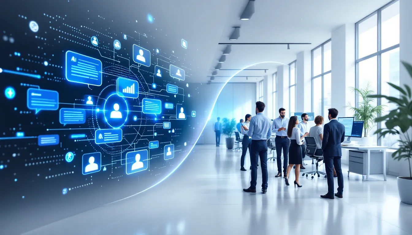 Split view of AI interface and diverse customer service team collaborating in modern office.