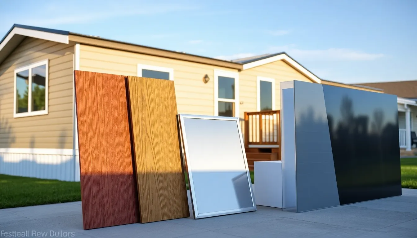 various mobile home exterior materials displayed in a modern setting.