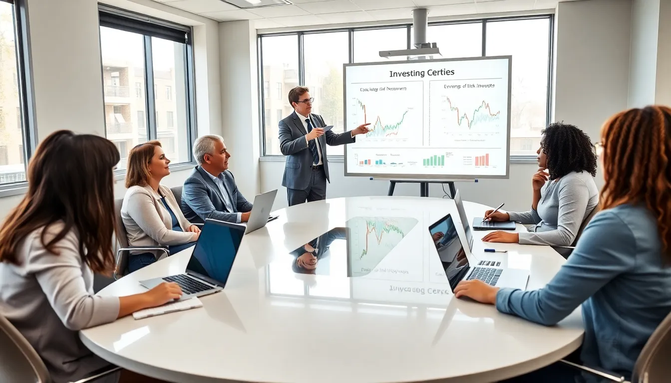 diverse group learning about investing in a modern classroom setting.