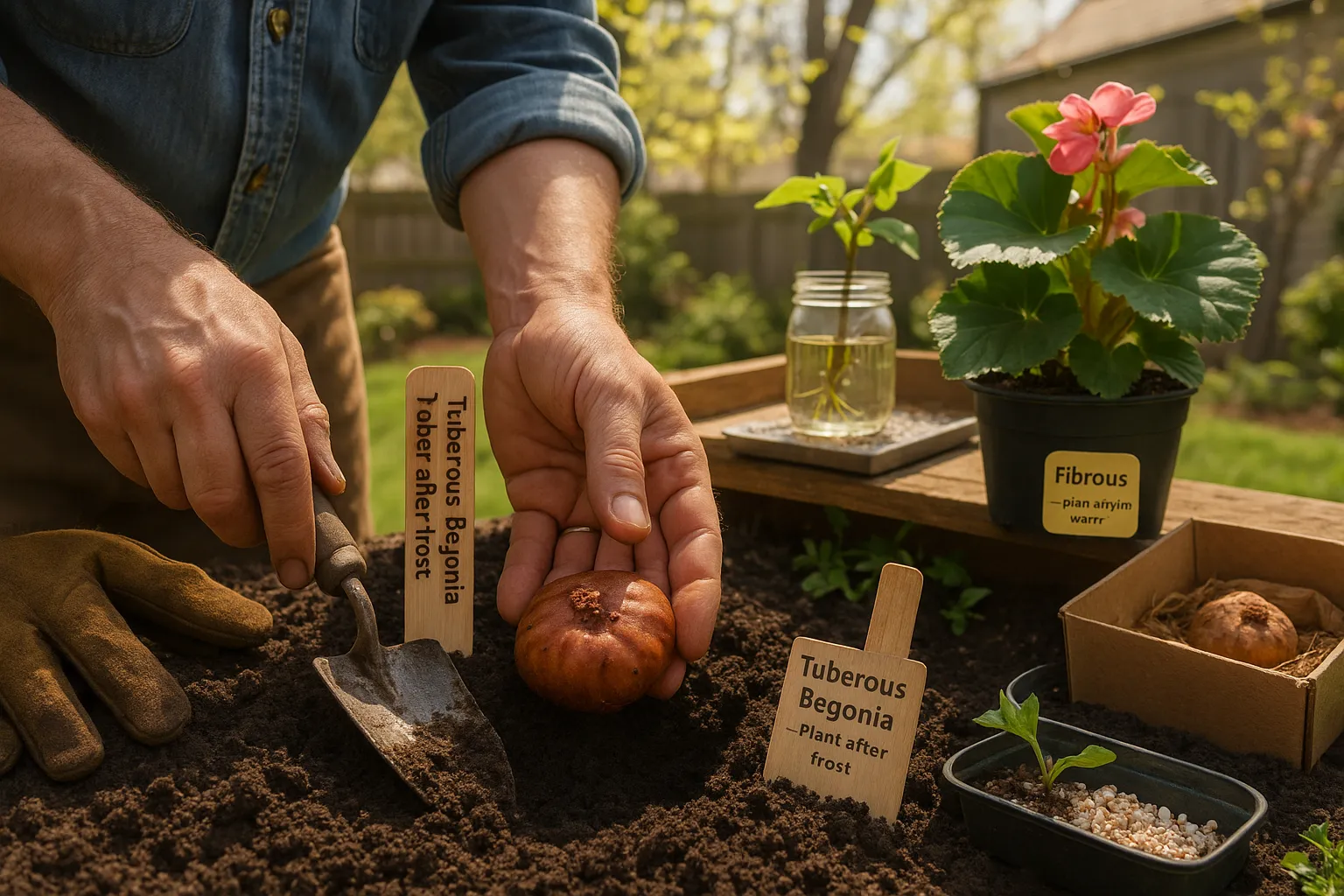 Hands planting a begonia tuber beside a potted fibrous begonia and cuttings.
