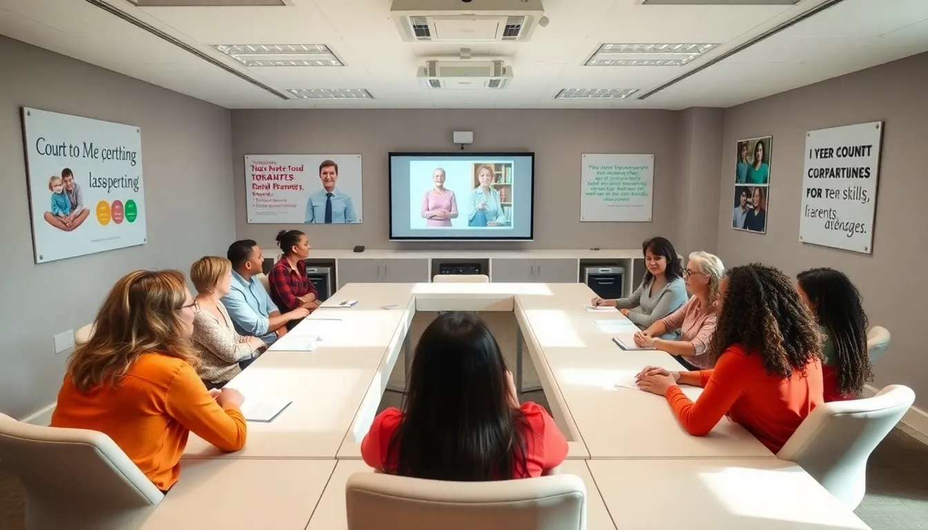 diverse parents in a modern classroom learning about parenting strategies.