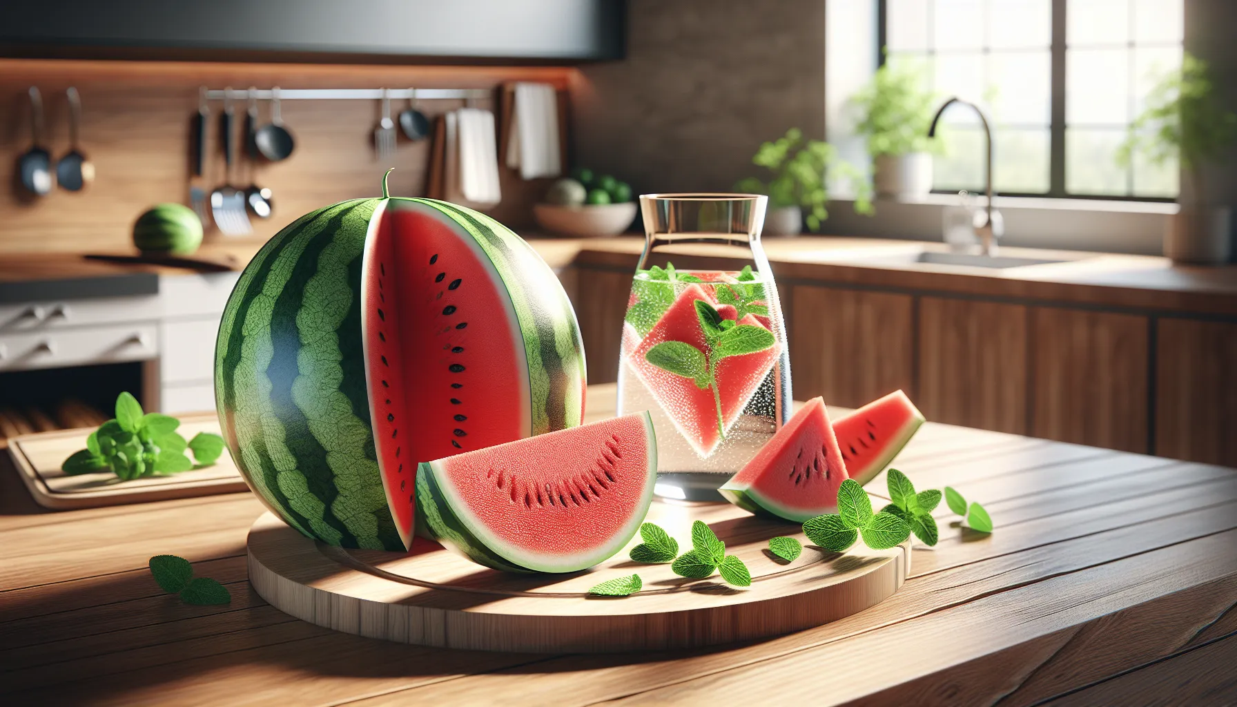 Sliced watermelon and a pitcher of infused water on a kitchen countertop.