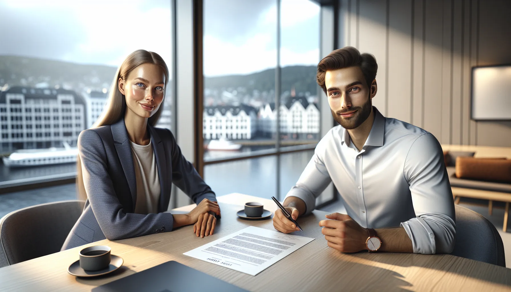 Two norwegian colleagues reviewing a clear, plain-language smart business agreement in an office.