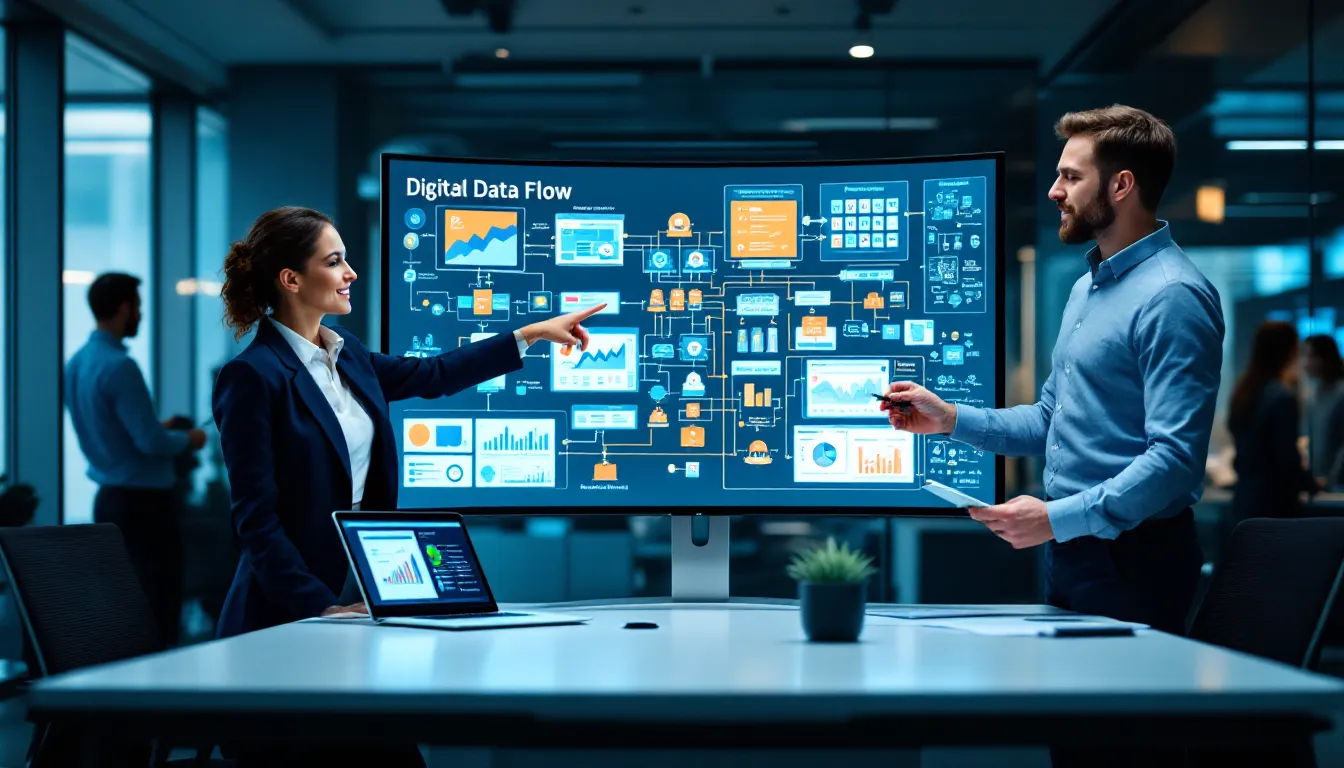 Diverse team assessing data infrastructure on monitors in a modern office.