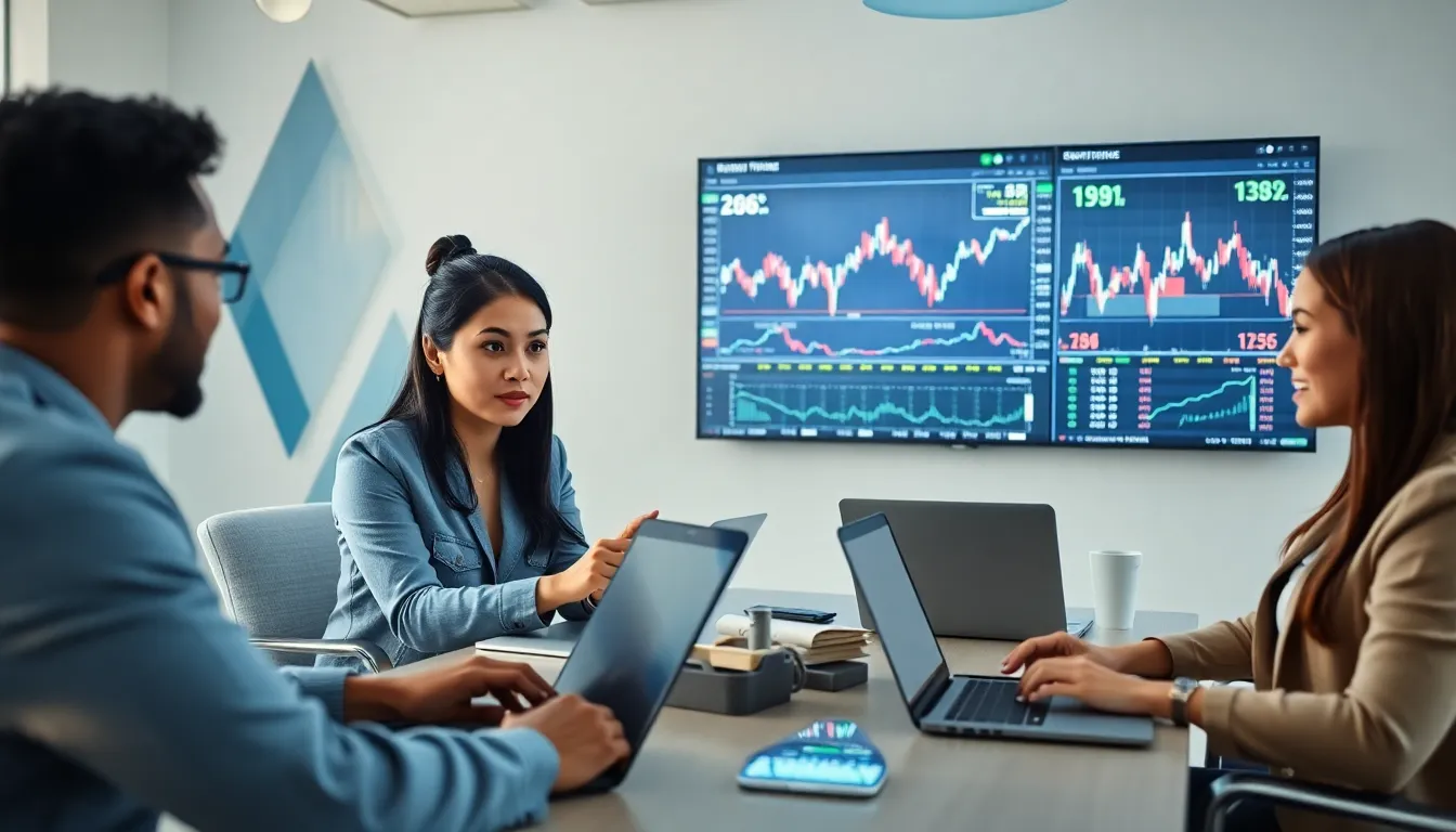 diverse team trading cryptocurrencies in a modern office