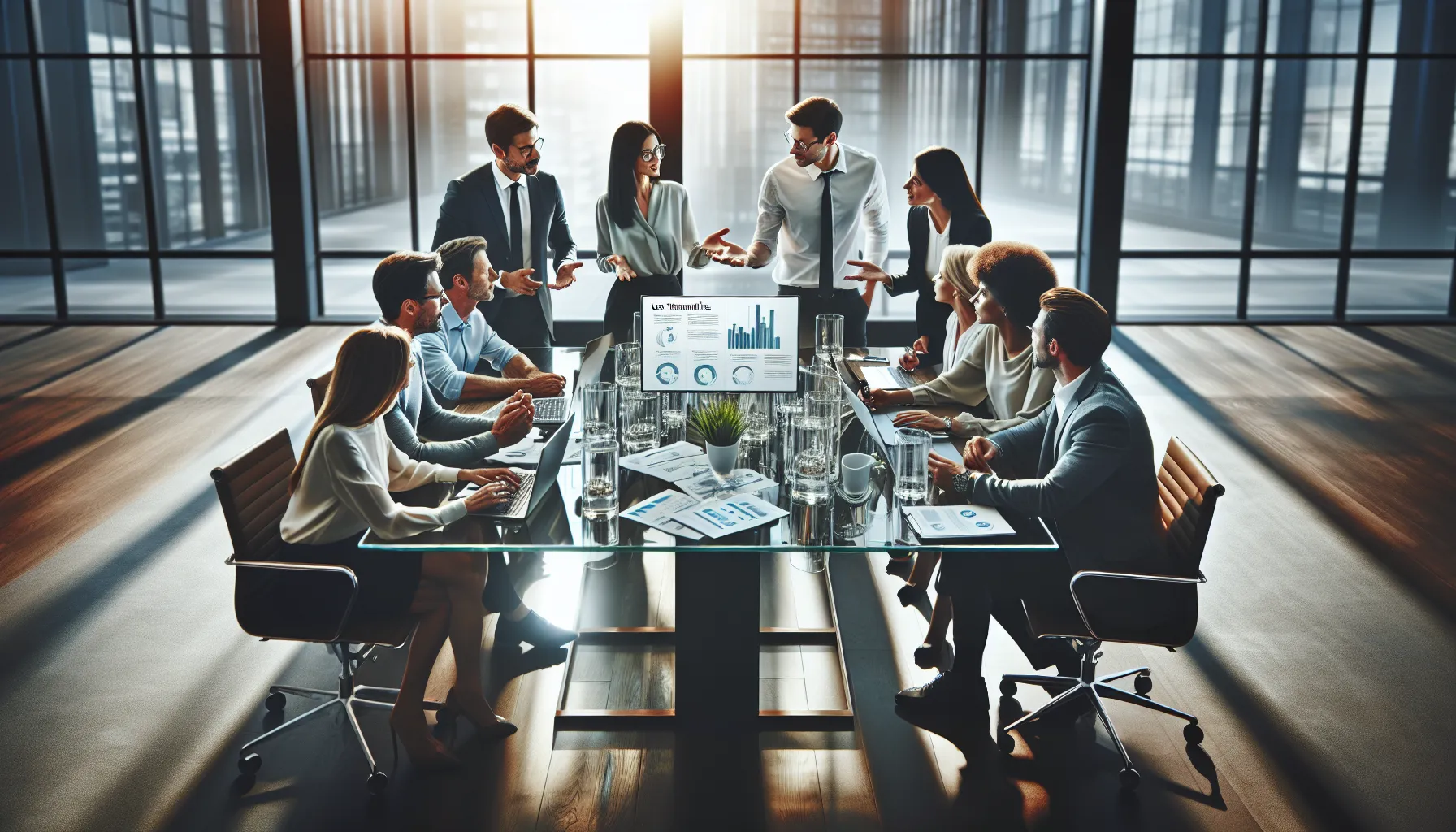 diverse professionals discussing user testimonials in a modern office.
