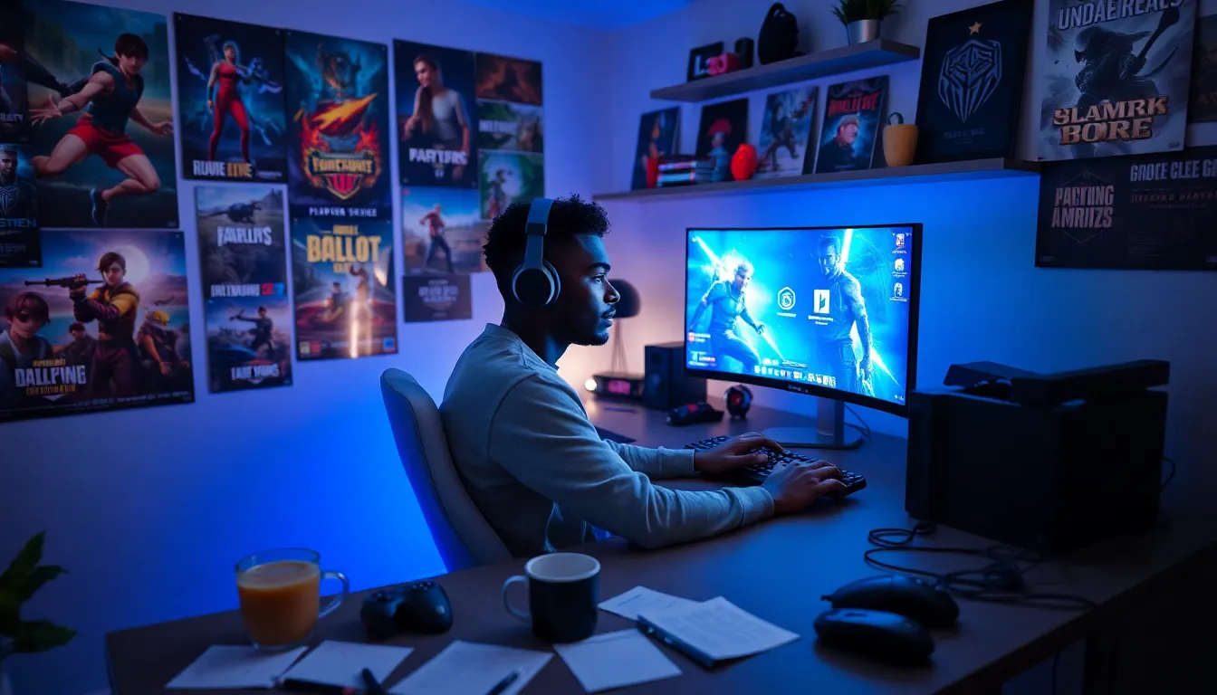 a young gamer engaged in gameplay in a cozy gaming room.