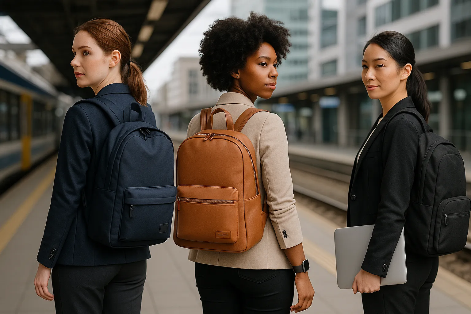 Professional women with stylish backpacks at a city transit platform.