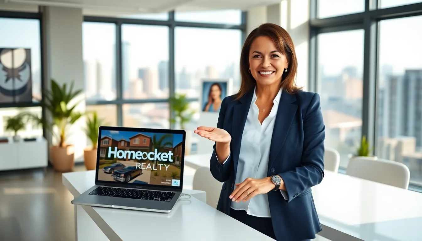 A woman in a modern real estate office presenting HomeRocketRealty services.