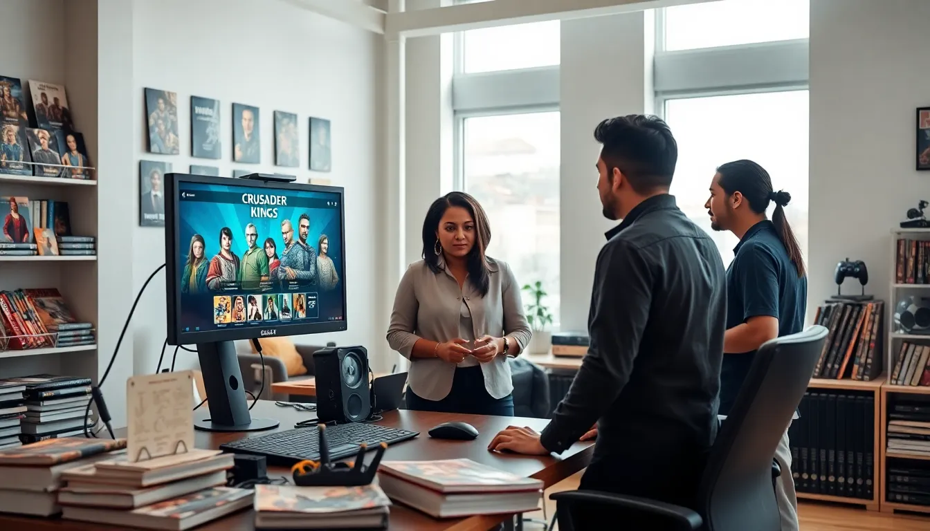 diverse team collaborating on character creation at a modern gaming workspace.
