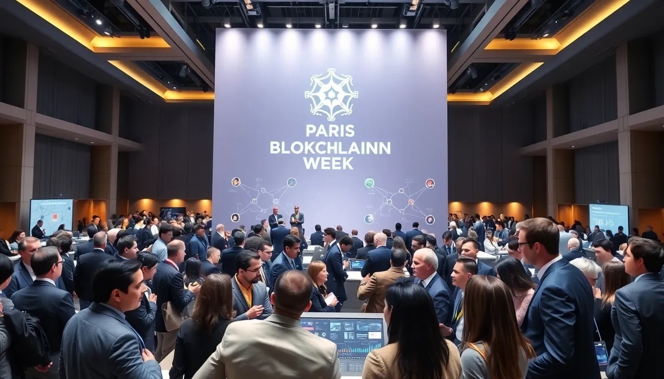 diverse professionals networking at Paris Blockchain Week in a modern conference setting.