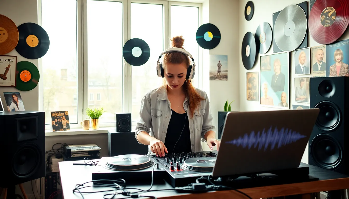 young female DJ working in a vibrant home studio.