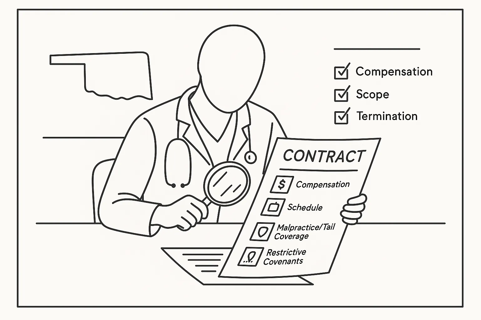 A nurse practitioner reviewing a contract with icons for pay, schedule, liability, and noncompete.