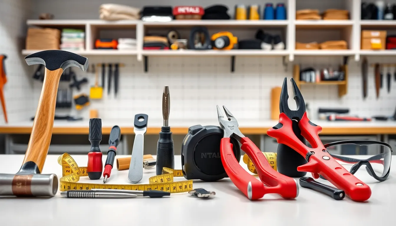 essential home improvement hand tools displayed on a modern workshop table.