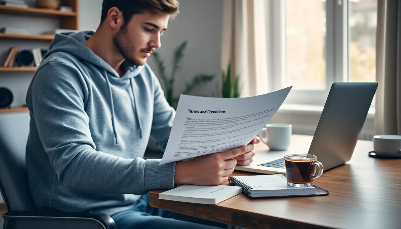 a young man reviewing terms and conditions at a home office desk.