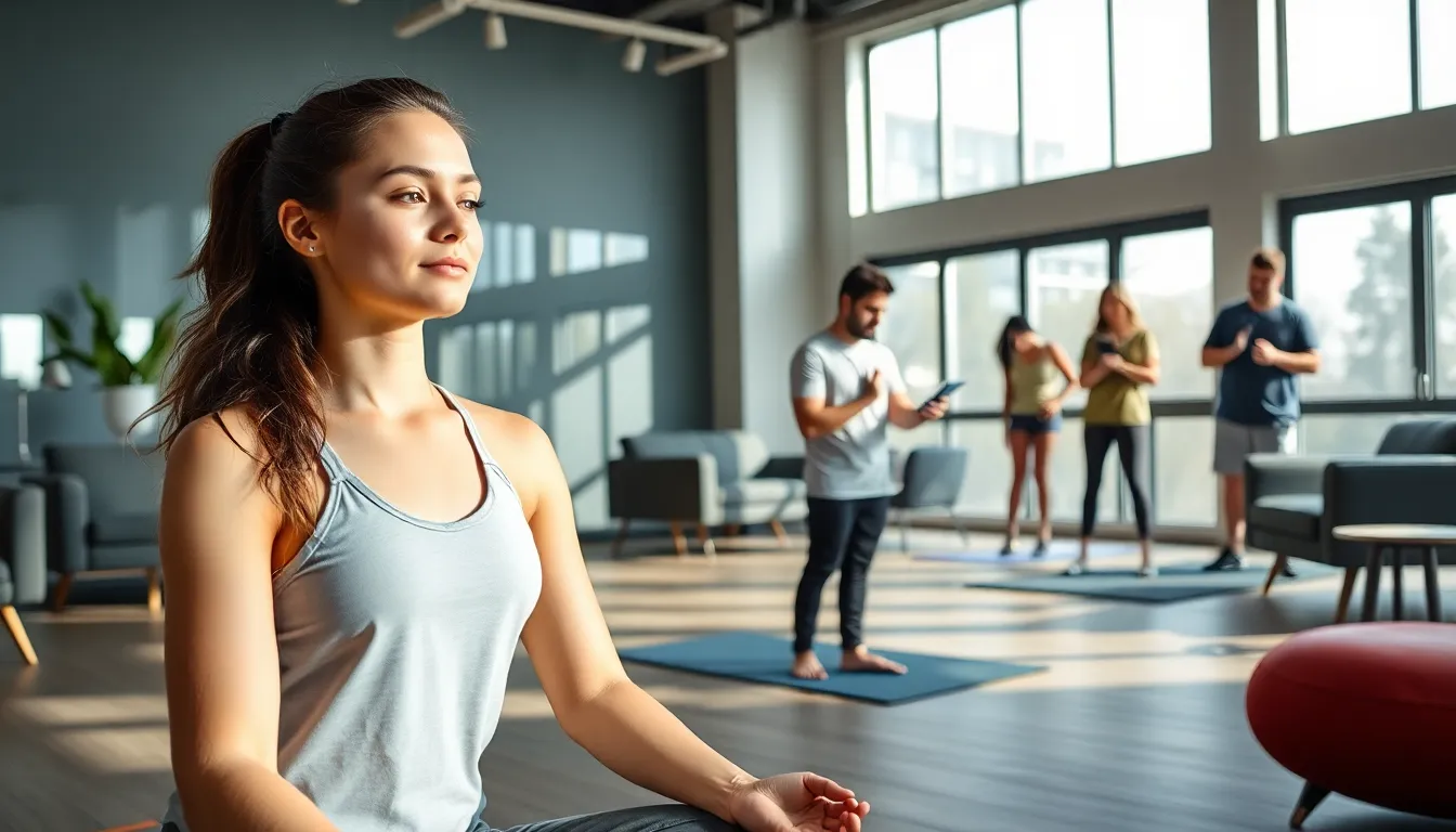 diverse group in a wellness studio practicing fitness and mindfulness.
