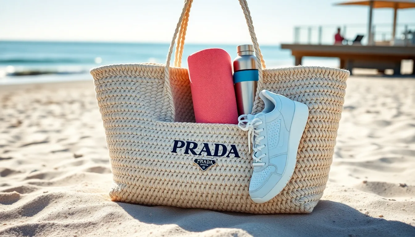 Chic raffia tote on sand with towel, sneakers, and water bottle visible.
