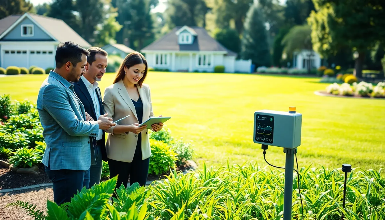 professionals monitoring smart irrigation technology in a vibrant garden.