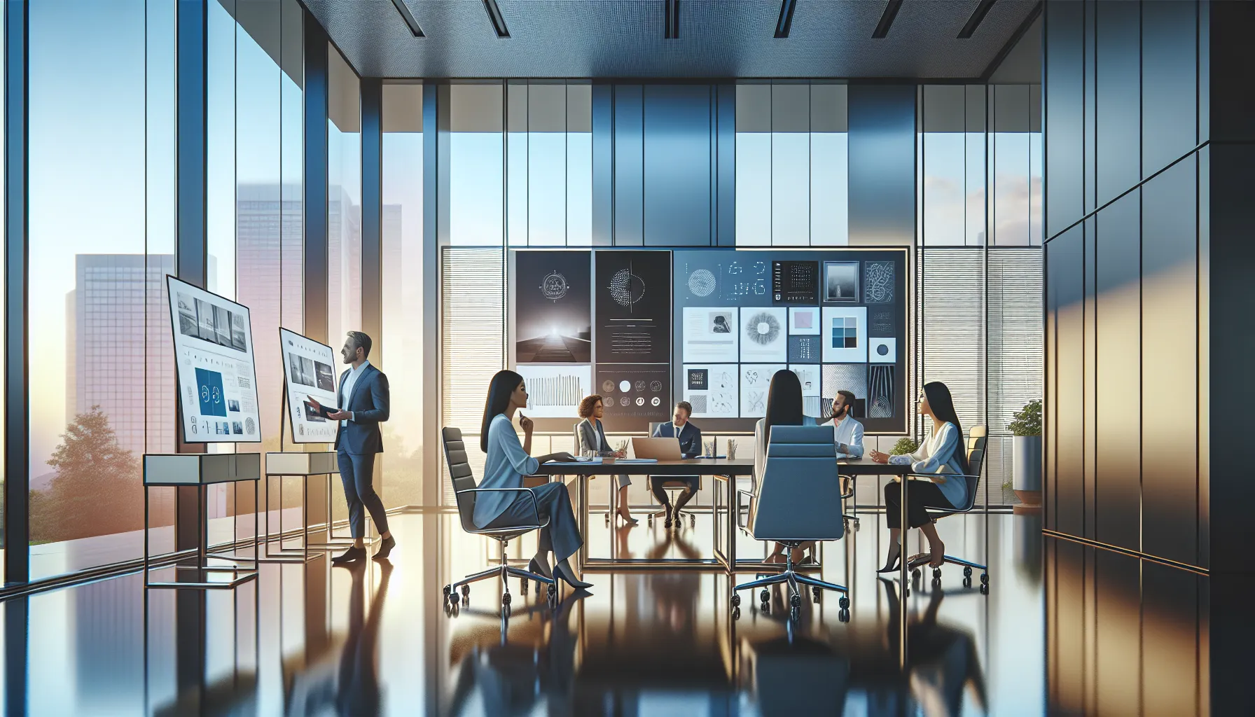 diverse team discussing the versatile 16.55x40 format in a modern office.