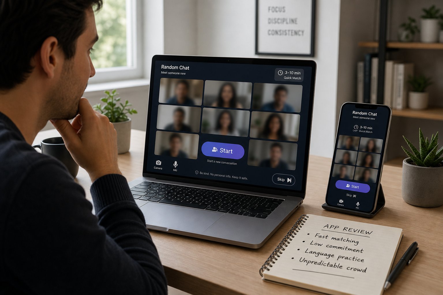Professional at a desk viewing a random video chat app review screen.