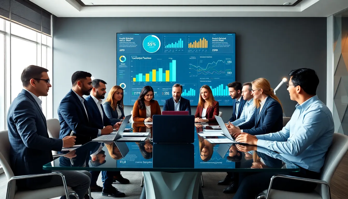 diverse finance team discussing capital budgeting decisions in a modern office.