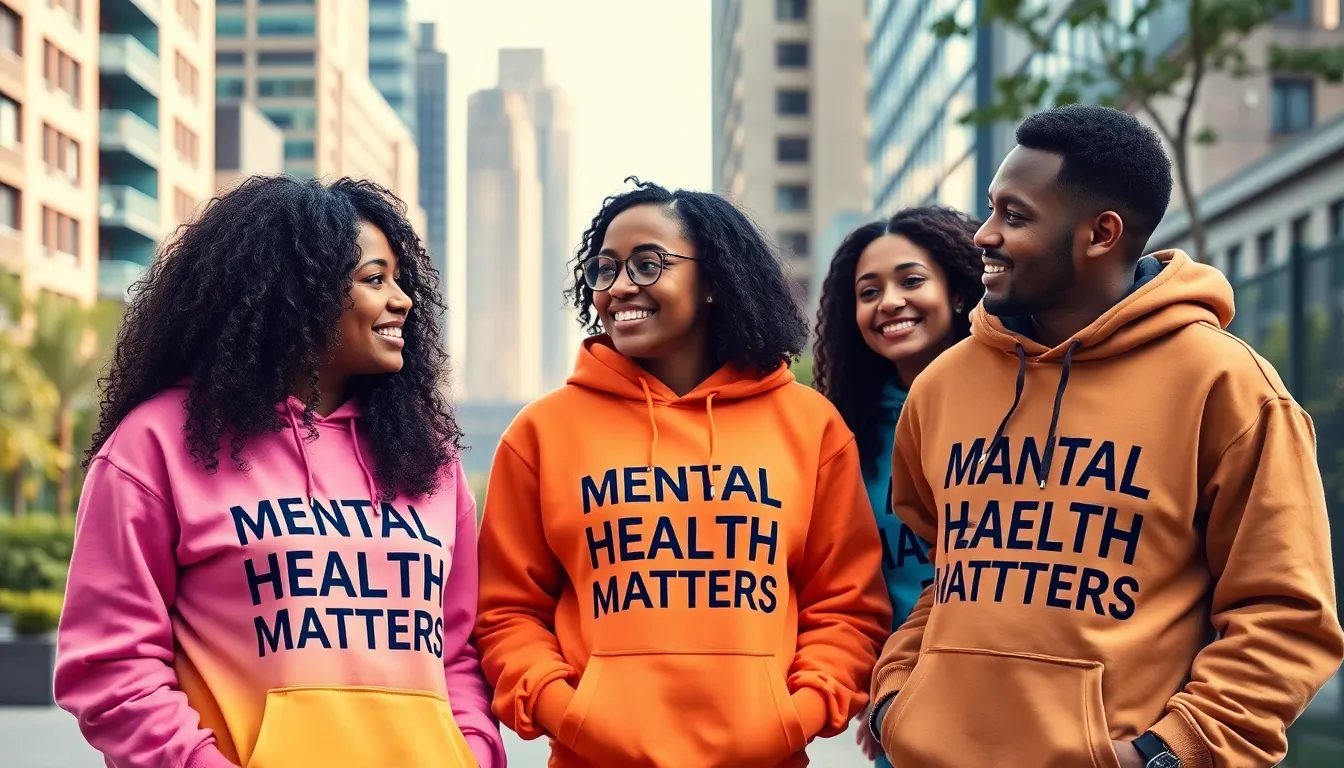 diverse group of friends wearing mental health awareness hoodies.