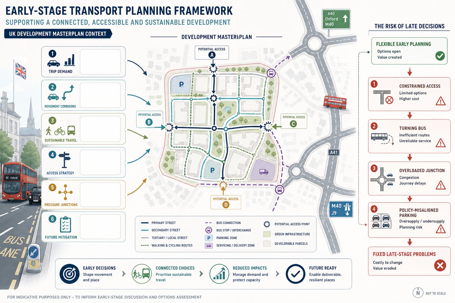 Infographic of early transport planning inputs shaping a UK development masterplan.