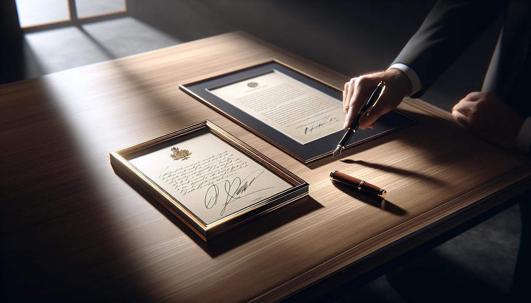 Two documents showcasing different writing styles: a stylized autograph and a formal signature.