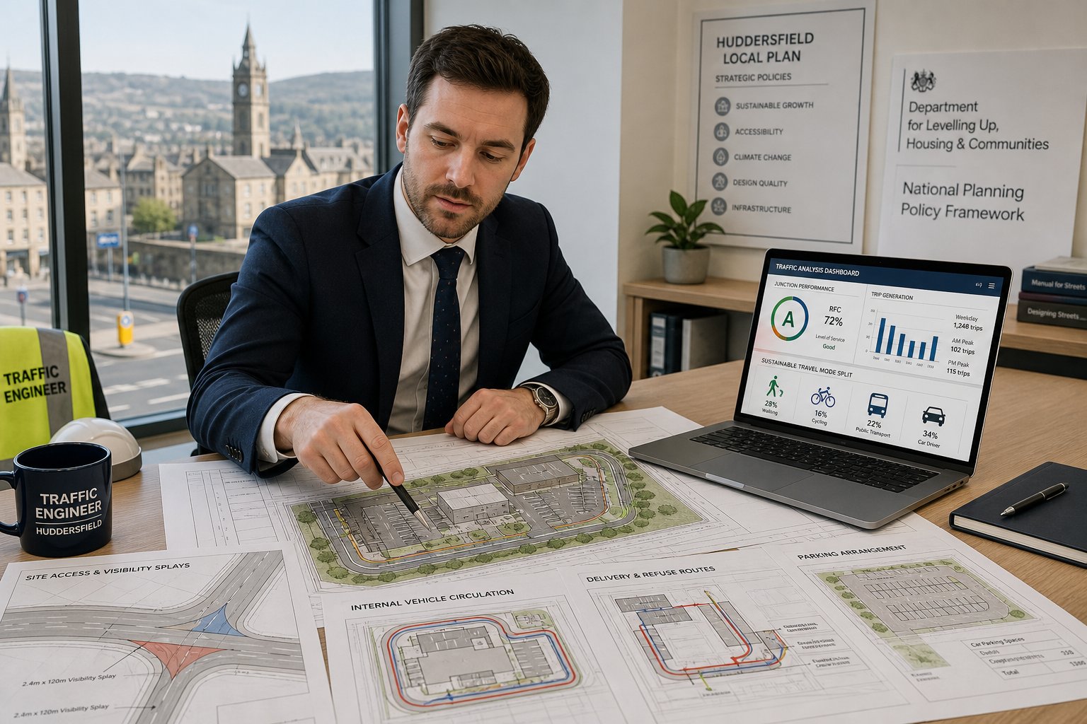 Traffic engineer reviewing planning and highway layout documents in a modern office.