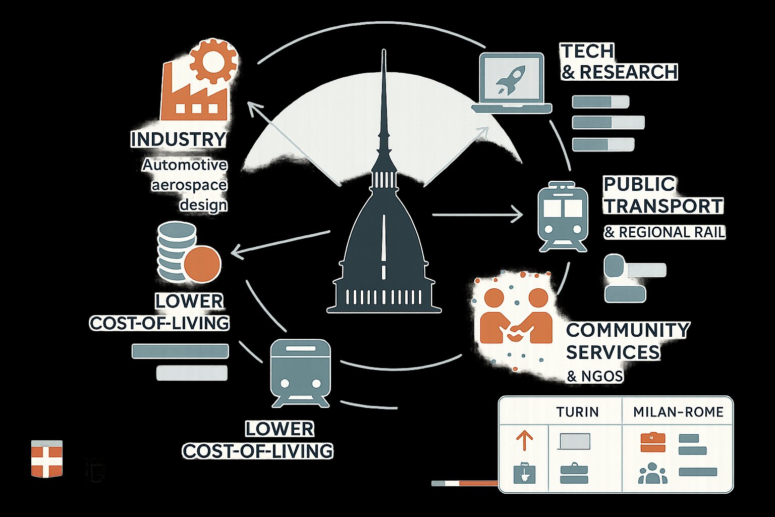 Infografica radiale di Torino che evidenzia lavoro, accessibilità, trasporti, servizi, comunità.